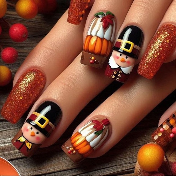 Press on Nail Thanksgiving Day Medium Coffin False Nails Glitter Orange Acrylic - Picture 1 of 6